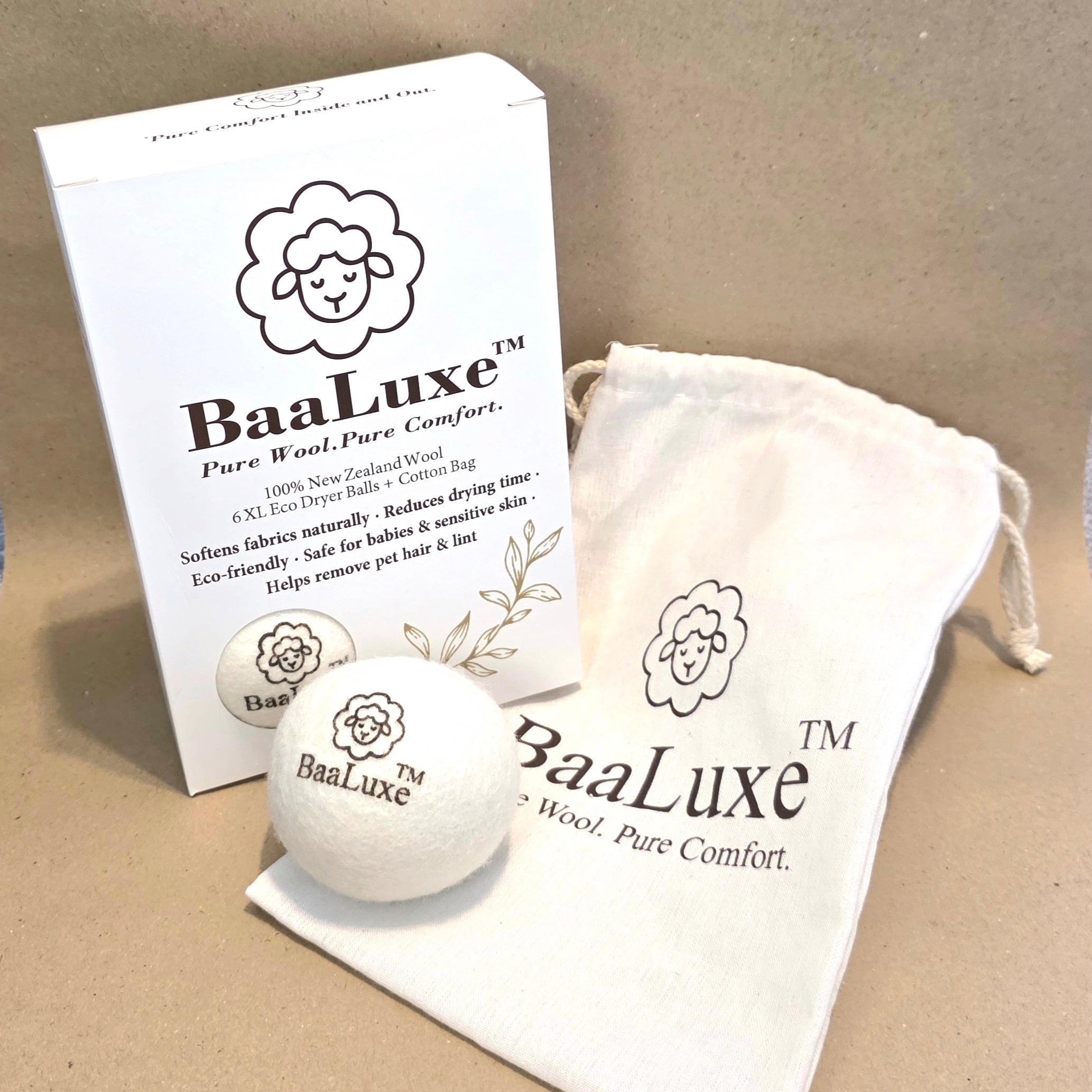 BaaLuxe™ Pure Wool Dryer Balls - Set of 6 with Reusable Cotton Bag